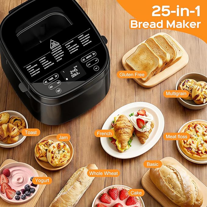 2.5LB Bread Maker with Built-in Electronic Scale, 25-in-1 Bread Machine, Beginner-Friendly with Adjustable Baking & Fermentation, Non-Stick Easy-Clean Pan, Quiet, 15H Delay, Recipes, Jet Black