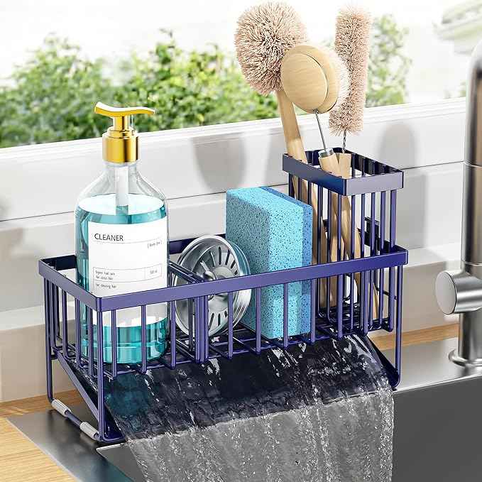 Cisily Navy Blue Sink Caddy Organzier with High Brush Holder, Sponge Holder for Sink, 304 Rustproof Stainless, Kitchen Countertop Soap Dispenser Organizer, Gray Blue Kitchen Decor and Accessories