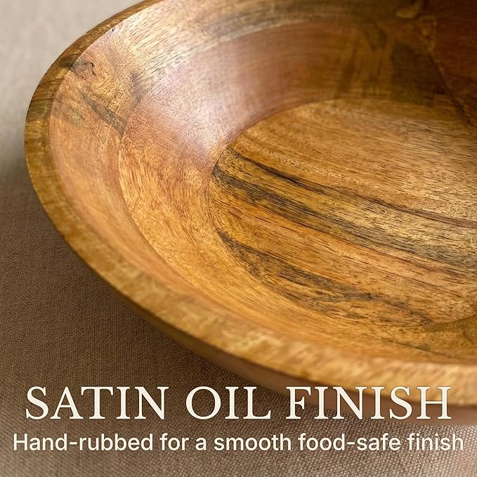 Large Wooden Salad Bowl 11.5 Inches with Serving Utensils, Wooden Fruit Bowl, Mango Wood Bowl Set for Serving, Large Wood Salad Bowl for Family Meals, Pasta, Popcorn, Handcrafted Wooden Serving Bowl