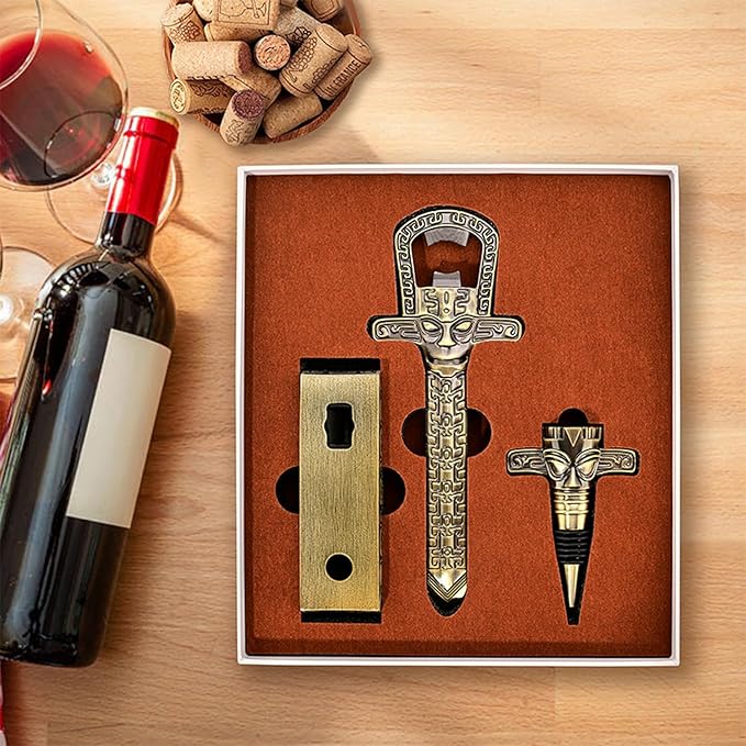 Professional Wine Opener Set for Old & Fragile Corks - 3-in-1 Cork Extractor Removes Older Wine Corks Whole & Intact, Beer Bottle Opener with Elegant Zinc Alloy Base & Stopper Set (Antique Bronze)
