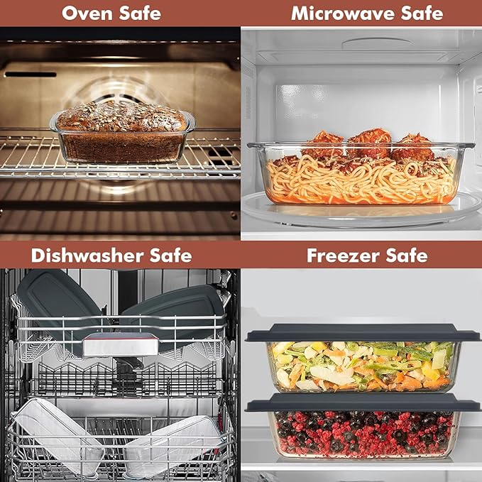 Razab LARGE 7.6 Cups/1800 ML/1.9 Qt Glass Loaf Pan with Lids - Meatloaf Pan BPA free Airtight Lids Grip Handle Easy Carry, Microwave and Oven Safe - Loaf Pans For Baking Bread, Cakes, Glass Loaf Pan