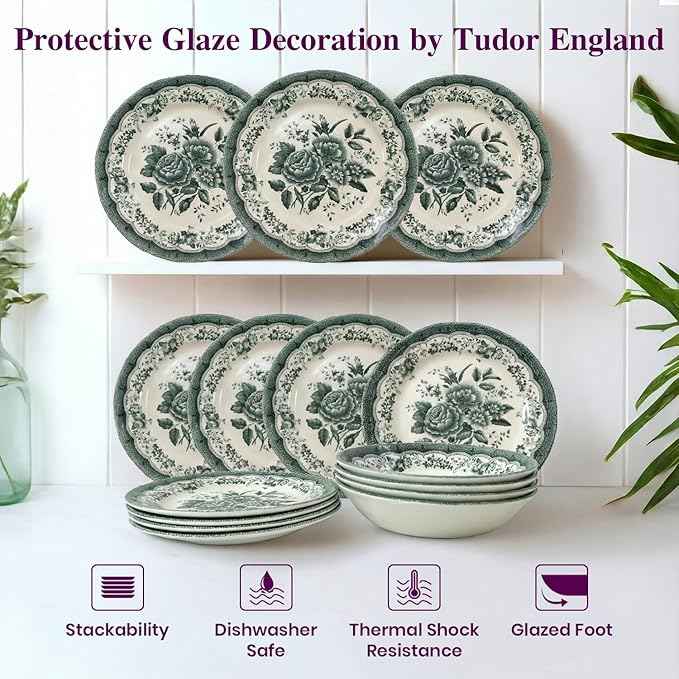TUDOR ROYAL 12-Piece Porcelain Round Dinnerware Set, Service for 4, VICTORIA Green Design, Blue Floral, Plates Bowls Dishes, Premium Quality Tableware, Unique Pattern, Glossy