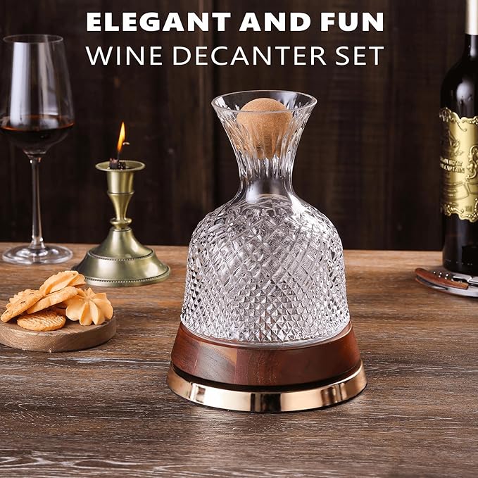 Rotating Wine Decanter with Wooden Base – 360° Spinning Wine Aerator for Fast Oxygenation, Crystal Clear Wine Carafe Decanter for Red Wine, Elegant Wine Decanter Set & Gift Choice