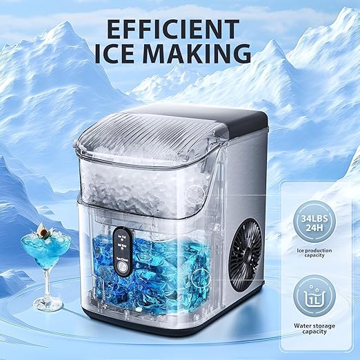 Antarctic Star Nugget Ice Maker Countertop, Chewable Nugget Ice Machine with One-Touch Operation, Self Cleaning, Fast Ice Making 34Lbs/24H, for Office/Home/Bar, Silver