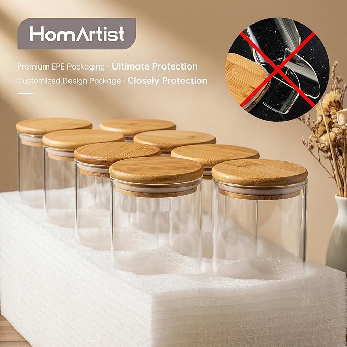 HomArtist Extra Large Glass Flour and Sugar Storage Containers with Airtight Lid,132 floz x1 & 65 floz x1 [Set of 2] Big Glass Jars with Bamboo Lids, Air Tight Food Jar for Cereal, Pasta, Rice, Coffee