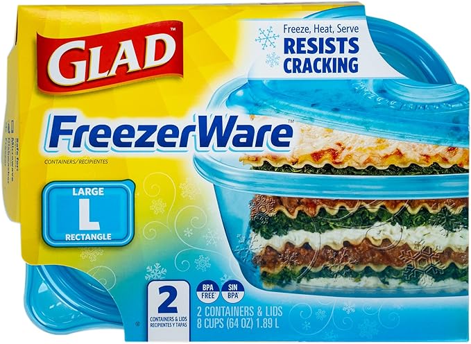 Glad GladWare FreezerWare Food Storage Containers with Lids, Large Rectangle BPA Free Plastic for Freezing Soups Meals and Batch Cooking, Crack Resistant, Microwave Dishwasher Safe, 64 Oz, 2 Ct - 6 Pk