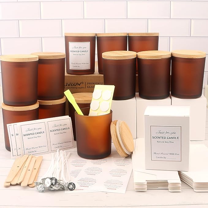 MILIVIXAY 12 Pack 12 OZ Frosted Amber Glass Candle Jars with Lids and Candle Making Kits - Bulk Empty Candle Jars for Making Candles - Spice, Powder Containers.