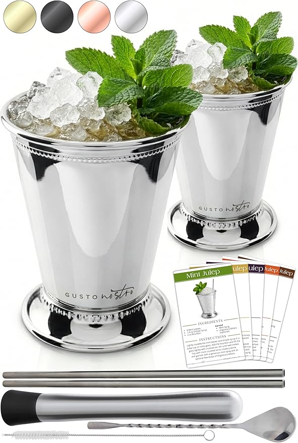 Gusto Nostro Mint Julep Cups Set of 2 - Stainless Steel Julep Cup Kit with Straws, Muddler, Spoon,Recipes, Vases - Southern-style Cocktail Glasses for Home Bar - Stainless Steel Cocktail Cups (Silver)