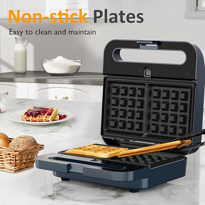 Sunvivi 3 in 1 Sandwich Maker, Electric Waffle Maker with Removable Non-stick Plates, 1000W Panini Press Grill with Glass Top, Cool Touch Handle & Easy to Clean, Blue