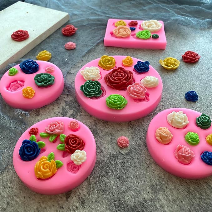 5Pcs Rose Flower Silicone Molds Small Flower Fondant Chocolate Candy Molds Polymer Clay Resin Ice Cube Soap Wax Mold for Baking