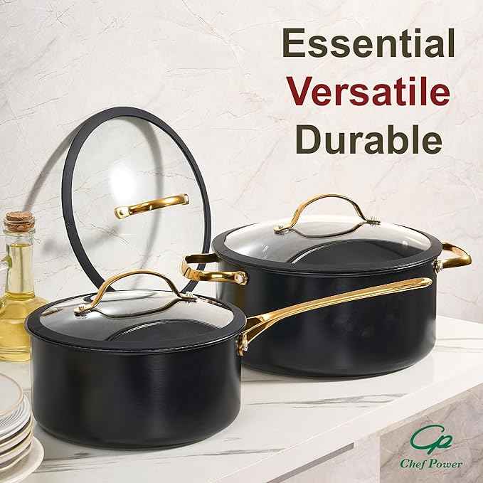 Chef Power Ceramic Cookware Sets, 15Pcs Pots and Pans Set Non Stick, Cookware Set with Stainless Steel Handle, Dishwasher & Oven Safe, Stone Black and Light Gold Handle