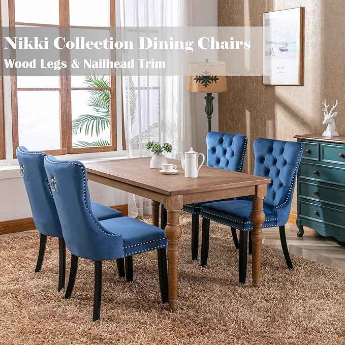 Upholstered Dining Chairs Set of 4, Velvet Dining Room Chairs with Back Ring Pull Trim and Solid Wood Legs, Tufted Wingback Kitchen Chair Perfect for Dining Room,Living Room,Kitchen(Blue)