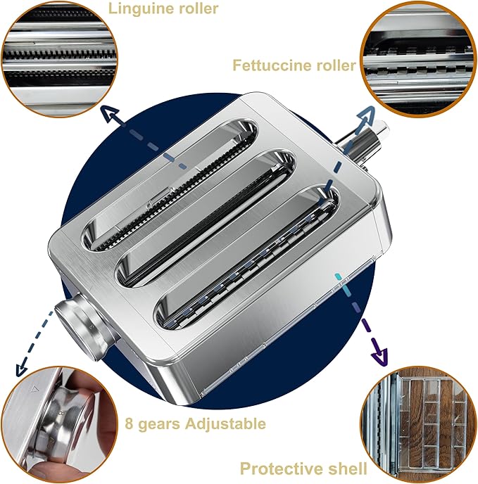 Pasta Maker Attachment for KitchenAid Stand Mixer – Stainless Steel Pasta Roller, Fettuccine & Linguine Rollers, Adjustable Thickness for Fresh Homemade Pasta