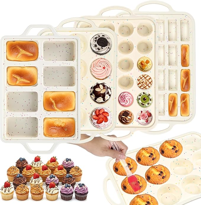 4 Pcs Silicone Cupcake Pan Set with Metal Reinforced Frame, Regular 12/Mini 24 Cup Nonstick Mini Muffin Pan and 8/24 Cavity Mini Loaf Pan, Silicone Muffin Tray Molds for Baking Egg Bite Bread