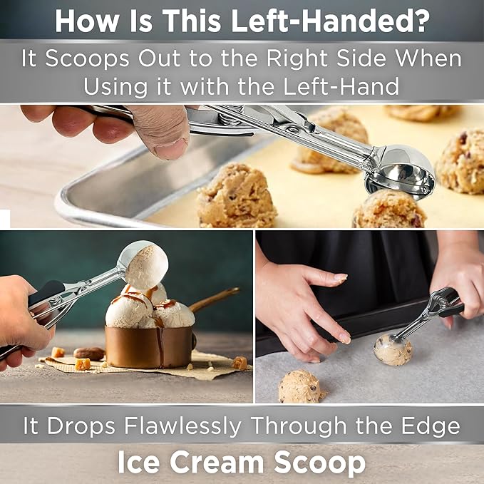 Lefty’s Left handed Ice Cream Scoop Set of 3 - #20, 40, 60 Portion Kitchen Tools - Great for Scooping & Portioning Cookies, Meatballs, Cupcakes - Gifts for Left-Handed, Lefty, Adults, Chefs and Women