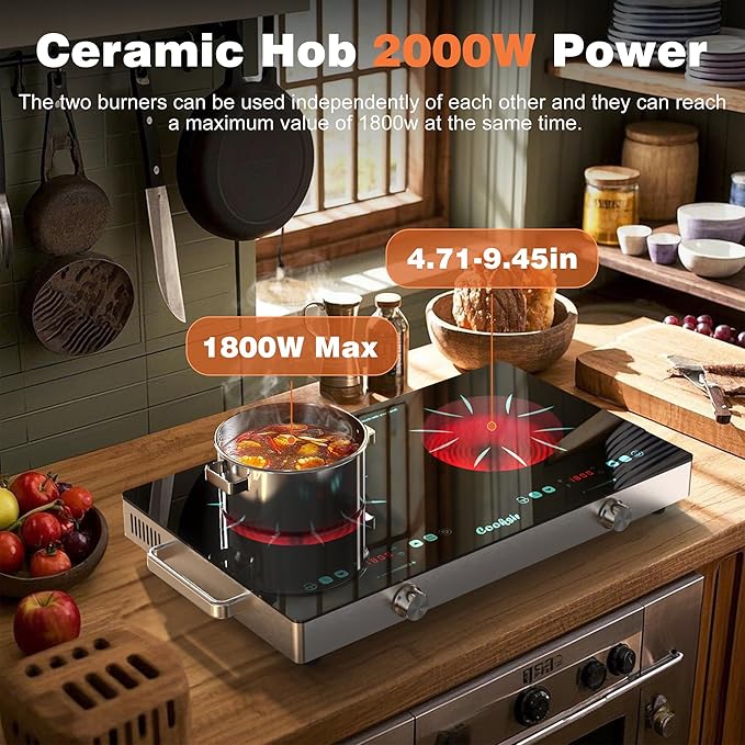 2 Burner Electric Cooktop - 24 Inch Portable Electric Stovetop 110V, 2000W Countertop Tow Burner Ceramic Cooktop with LCD Control Panel, Child Lock, Timer, Knob Control with Plug (Green)