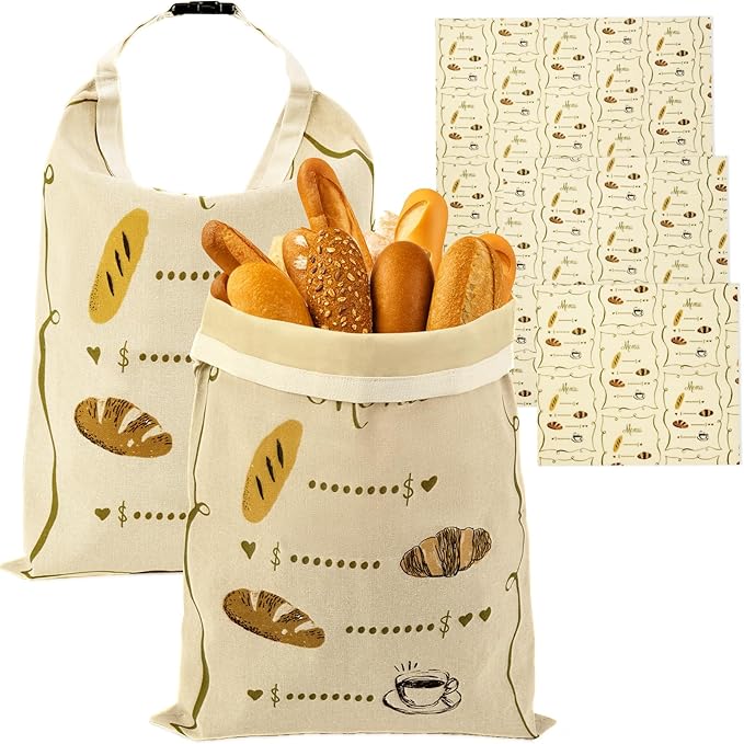 Reusable Beeswax Bread Bags Set – 2 Large Organic Linen Bread Bags (17 x 13 Inches) + 3 Beeswax Wraps for Food, Homemade Bread, Bagel,Sourdough, Freezer Safe & Keeps Food Fresh