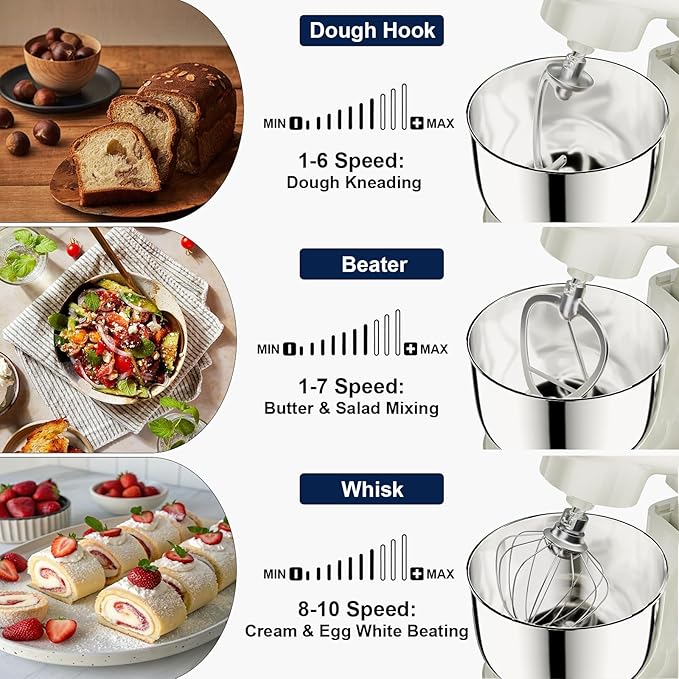 Camic Stand Mixer, 4.2QT+5.3QT Two bowls Electric Food Mixer, 10 Speeds with Digital setting 3-IN-1 Kitchen Mixer for Baking Cakes Cookie Bread Salad with Egg Whisk,Dough Hook,Flat Beater (White)