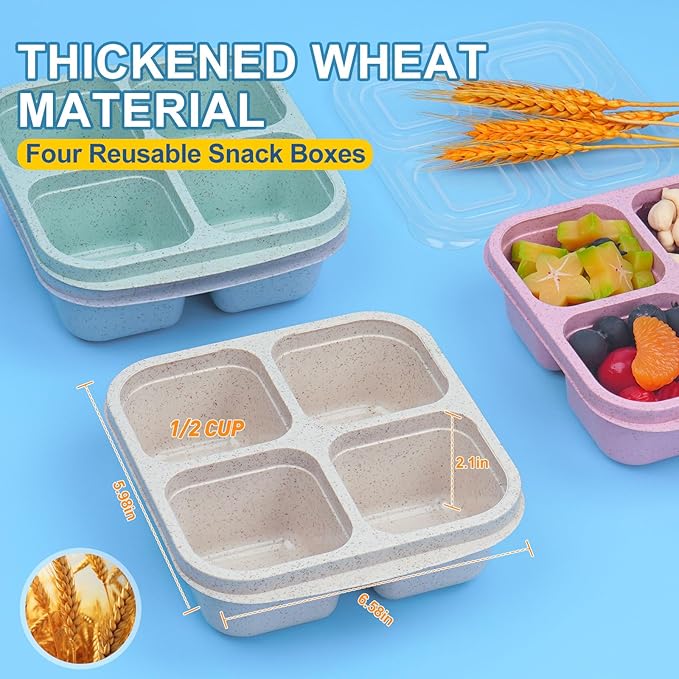 LCHLZZ 4 Pack Snack Box Containers, 4 Compartment Reusable Snack Containers with Lids, Microwave Dishwasher Safe, Divided Food Storage Lunchable Container for Work Travel (Green)