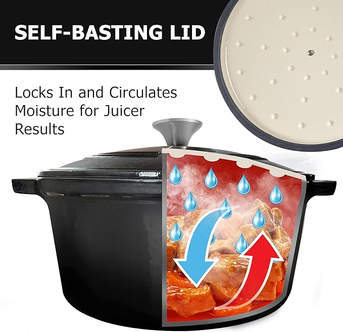 MUELLER HOME 6 Quart Enameled Cast Iron Pot Dutch Oven, Heavy-Duty Oven-Safe up to 500° F, & Across All Cooktops, Casserole Dishes for Ovens, Bread Pan with Lid and Knob, Cast Iron Cookware, Black