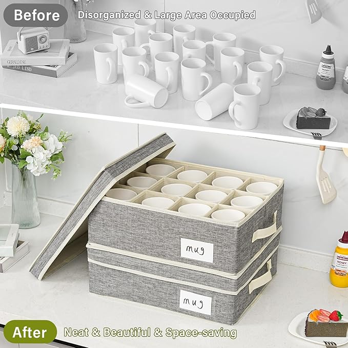 2 Pack Mug Storage Box with Dividers,Grey Cup Organizer for Tea Cup,Coffee Mug,Glass Cups,Coffee Cup Storage with Handles,Stackable Storage Case with Hard Shell Dividers,Each Holds 12 Cups