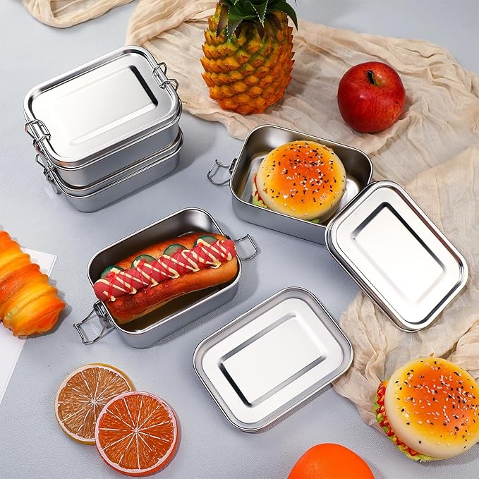 Umigy 4 Pcs Stainless Steel Food Containers Metal Bento Lunch Box Stainless Steel Food Storage Containers, Lockable Clips to Leak Proof, Reusable Dishwasher Snack Boxes for Work (550ml)