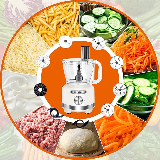 Homtone 16-Cup Food Processor, Heavy-Duty 9-Function Vegtable Chopper with 7 Blades & 3 Speeds for Dough Kneading, Meat Chopping, Slicing, Shredding & French Fry Cutting, Dishwasher Safe, White