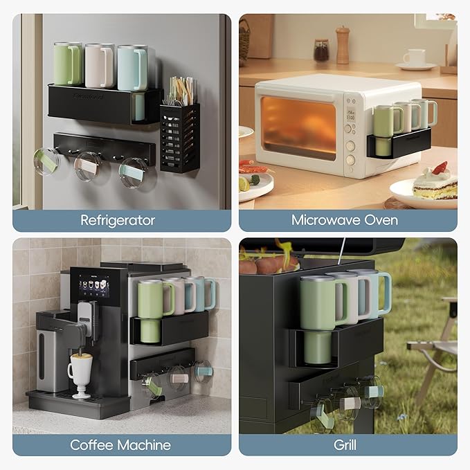 Magnetic Cup Holder for Fridge for 20/30/40 oz Stanley Tumblers Water Bottle Organizers 2 Pack & Lid Hooks with Straw Accessories Kitchen Storage (6 Cups, 5 Hooks)