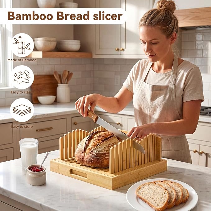 Adjustable bread slicer and multi-purpose tray for slicing handmade bread, sourdough, large loaves, baguettes, and other homemade breads. Suitable for home bakers and bread enthusiasts.