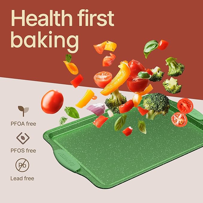 BAKKEN Kitchen Baking Pan Set - Nonstick Green Marble Coating, Carbon Steel Bakeware Sets with Green Silicone Handles, Kitchen Essentials, PFOA, PFOS, PTFE Free, Oven Safe (Up To 450° F), Set of 10