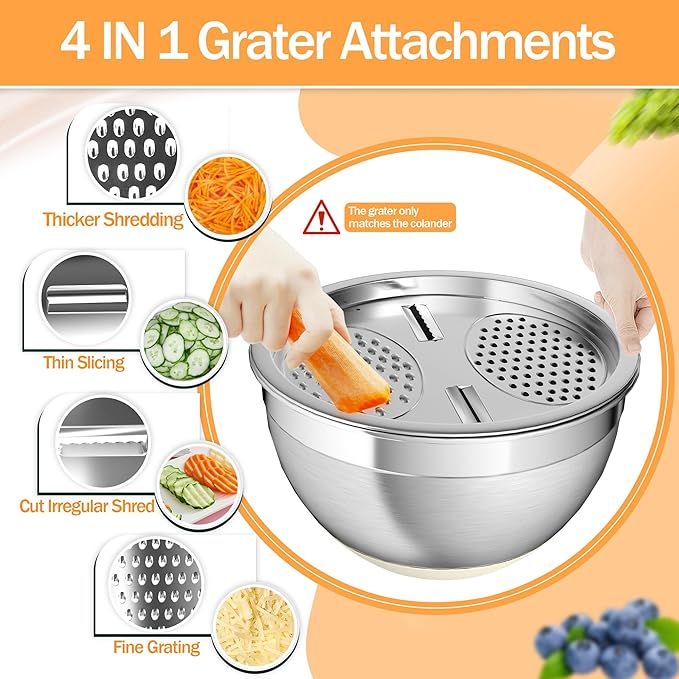 Nicdiet Mixing Bowls with Airtight Lids, Stainless Steel Mixing Bowl Set with 3 Metal Nesting Bowls, Colander & Grater, Non-Slip Bottoms, Size 1.5, 2.5, 5 QT, Great for Mixing & Serving, Khaki