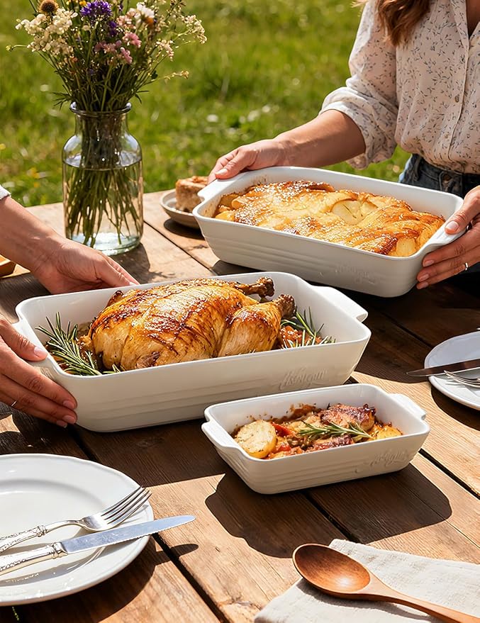 Ceramic Baking Dish Set, 3-Piece Casserole Dishes for Oven, Rectangular Baking Pans, Deep Lasagna Pans with Handles, Multi-Size Set for Cooking, Baking, Serving, and Gifting, White (16.1''/12.2''/9'')