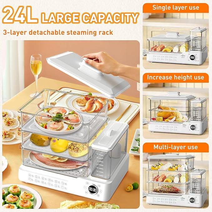 24L/25QT Electric Steamer, 3 Tier Food Steamer, Commercial Stainless Steel Steamer with Detachable Water Tank, Large Capacity Breakfast Machine with Timer, for Home, Restaurant, Party