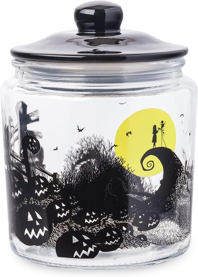 Silver Buffalo Disney Tim Burton Nightmare Before Christmas Moon Hill Graveyard Scene Jack Skellington and Sally Glass Cookie Snack Candy Jar with Lid (Small)