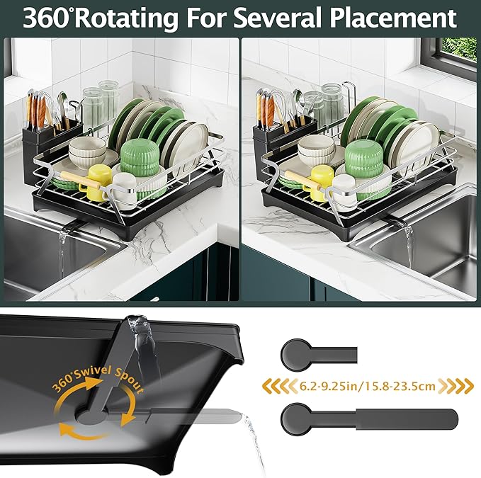 Epicano Dish Drying Rack for Kitchen Counter,Space-Saving Dish Rack,Rustproof Dish Drainer with Utensil Holder and Knife Slots for Sink,Kitchen Drying Rack with Wooden Handle and Cup Holder, Silver