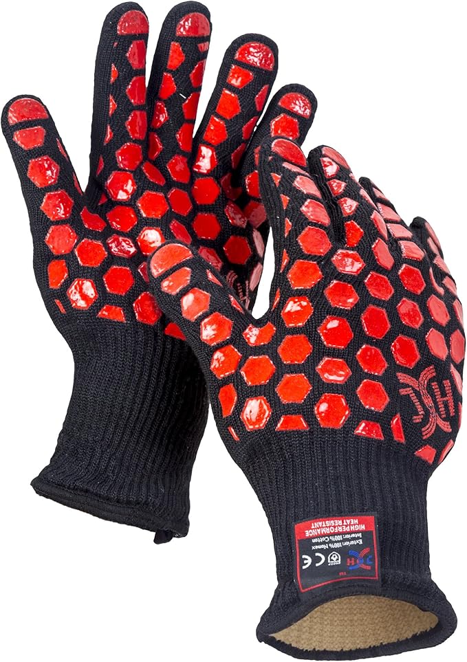 J H Heat Resistant Oven Glove:EN407 Certified 932 °F, 2 Layers Silicone Coating, Oven Mitts for Cooking, Kitchen, Fireplace,Camping, Grilling (Black/Red, Regular Cuff)