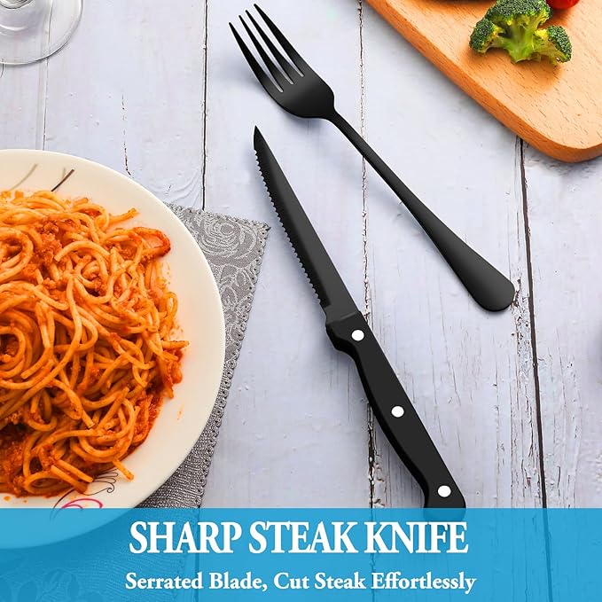 36 Pcs Black Silverware Set with Steak Knives, Stainless Steel Flatware Cutlery Set Service for 6, Kitchen Tableware Set, Utensil Set for Home and Restaurant, Knives Forks Spoon Set, Dishwasher Safe