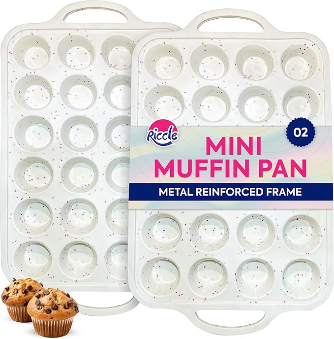 RICCLE 2 Pack Silicone Mini Muffin Pan with Metal Reinforced Frame, 24-Cup Mini Cupcake Pans, Mini Muffin Silicone Molds, Silicone Muffin Pans for Baking - Oven & Dishwasher Safe, BPA-Free