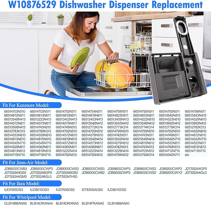 Upgraded W10876529 Dishwasher Detergent Dispenser Compatible with Whirlpool Kenmore Jenn-Air Dishwasher Soap Dispenser Replacement Parts W10620297 W10620299 AP6024305 PS11738149 Rinse Aid Dispenser