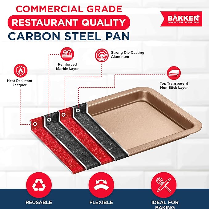 BAKKEN Kitchen Baking Pans - Nonstick Brown Coating, 13.18’’ × 8.66’’ Commercial Grade Carbon Steel Cookie Sheet, Baking Kitchen Essentials, PFOA, PFOS, PTFE Free, Oven Safe Tray (450° F), Brown