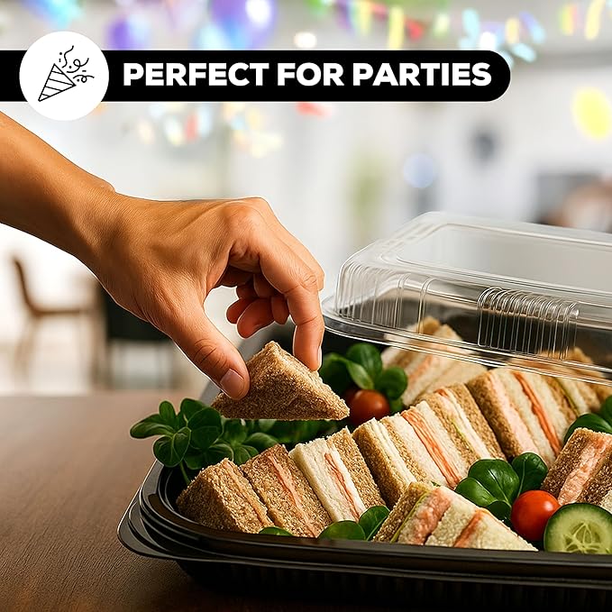 10 Pack Catering Trays with Lids – 13" Serving Tray with Lid, Heavy Duty Recyclable Plastic Party Platters for Catering, Buffet, Picnics & Events – Food Trays with Clear Lid (13.39 × 9.84 × 2.95 inch)