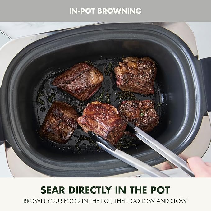 GreenPan Elite 14-in-1 Nonstick 6QT Electric Slow Cooker, PFAS-Free Ceramic Multi-Cooker, In-Pot Browning, Dishwasher Safe Lid & Removable Crock, Stainless Steel Steamer, Silicone Handles, White