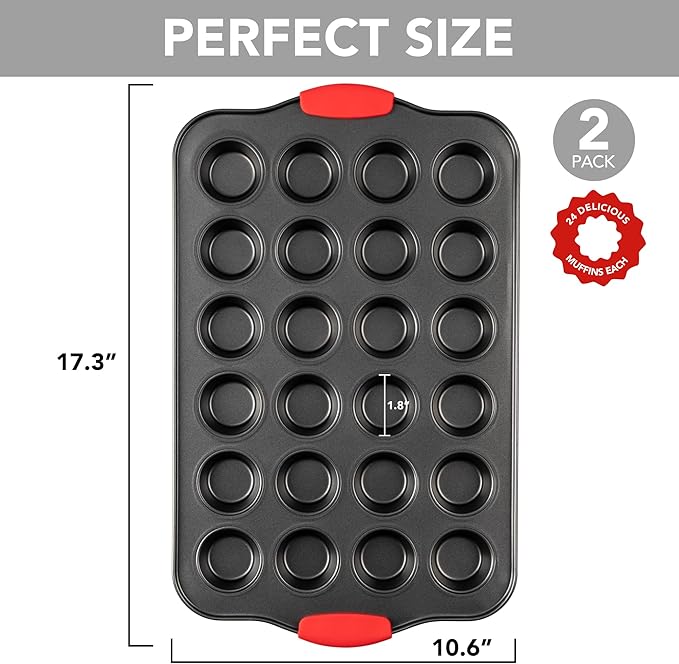Tiawudi Mini Muffin Pan, 24 Cavity Cupcake Pan, Nonstick Baking Pan, Heavy Duty Small Muffin Tin with Silicone Grip Handles, Set of 2