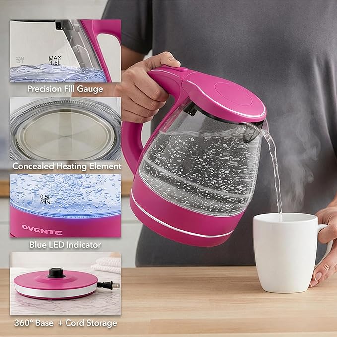 OVENTE Electric Kettle, 1.5L Borosilicate Glass Countertop Water Heater and Boiler for Coffee or Tea, BPA-Free, Auto Shut-Off, Boil-Dry Protection, Removable and Washable Spout Filter, Pink KG83F