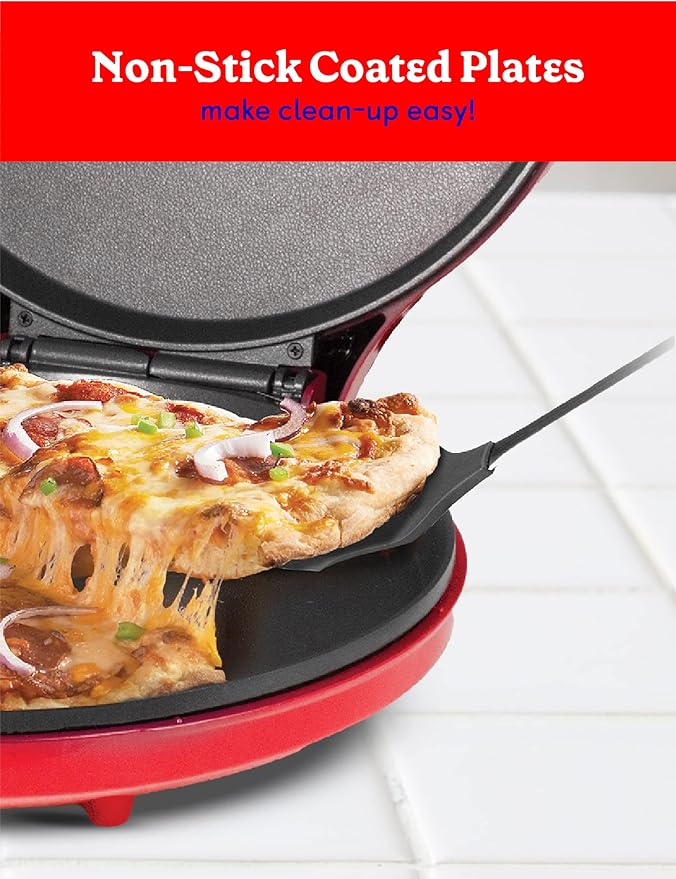 Betty Crocker Pizza Maker Plus, 12" Indoor Electric Grill, Nonstick Griddle Pan for Pizzas, Quesadillas, Tortillas, Nachos and more, 12" Electric Griddle for Delicious Meals and Snacks, Red
