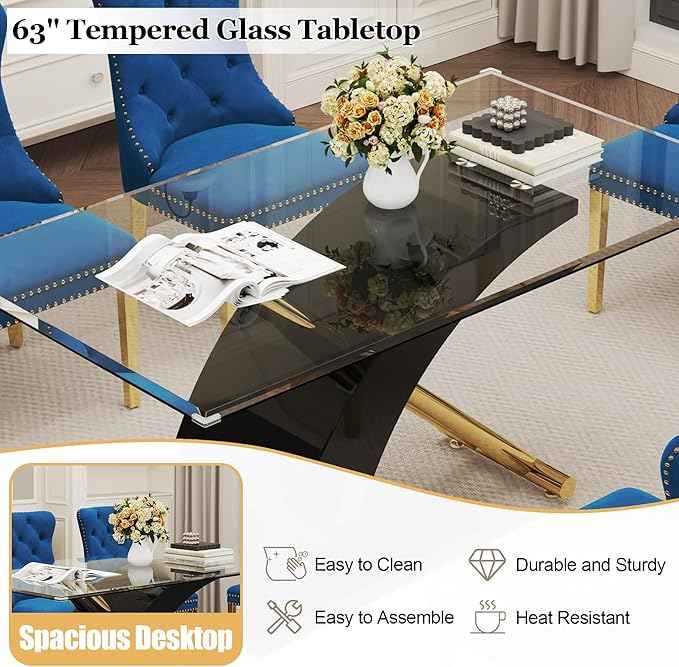 7 Piece Glass Dining Table Set for 6, 63" Modern Kitchen Table with 6 Blue Velvet Chairs, Tempered Glass Tabletop with Black X-Shaped MDF Base, Modern Dining Room Set for Kitchen and Dining Room
