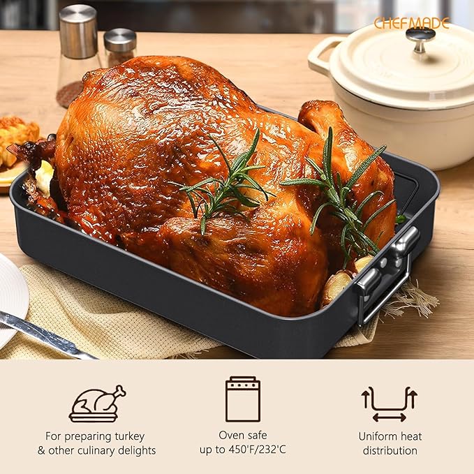 CHEFMADE Turkey Roasting Pan with V Rack, 16 Inch Deep Roasting Pan, Deep Lasagna Pan for BBQ Vegetbale and Meat 16" x 12.8" x 3" (Black)
