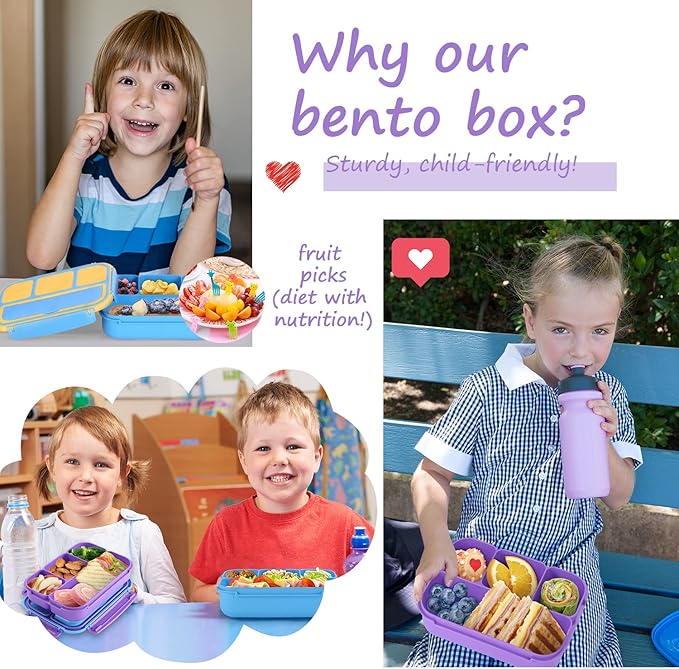 QQKO Bento Lunch Box for Kids Girls Boys, Toddler Kids Lunch Boxes for School, Lunch Containers for Adults with 4 Compartments, Sauce Container, Utensils, Food Picks and Muffin Cups, Purple