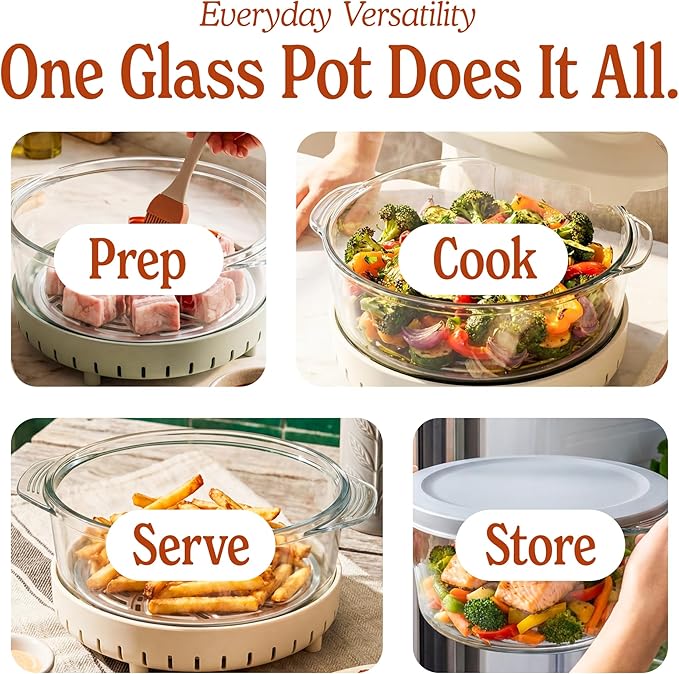MAGNIFIQUE Glass Air Fryer, Non Toxic Air Fryer with 4.5QT & 2.5QT Glass Pots, Borosilicate, Stainless Steel, Air Fry, Bake, Re-Crisp & MaxCrisp, Olive