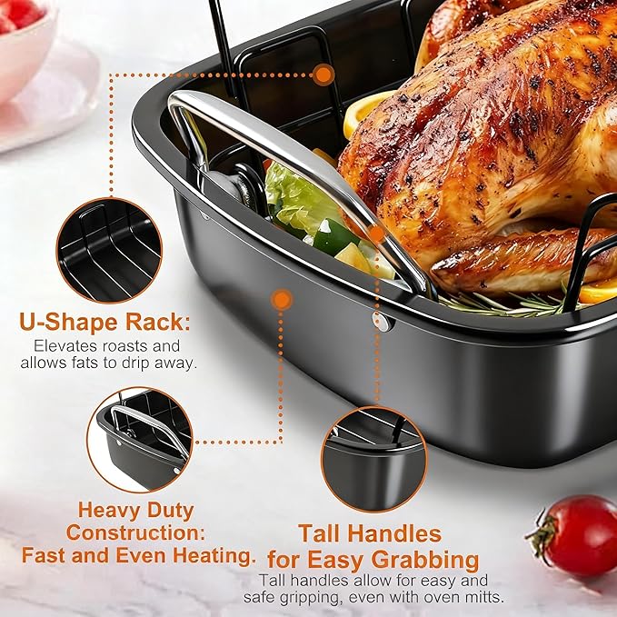 Large Nonstick Roasting Pan with Rack (17x13 Inch) -Turkey Roasting Pan with Wider Handles, Heavy Duty Construction Roaster - Easy Clean for Oven